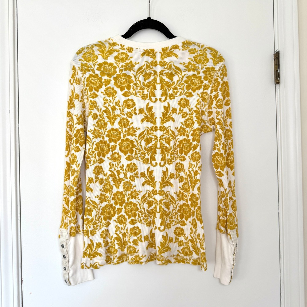 Sundance Womens Yellow Damask Floral Waffle Knit Thermal Top Button Cuff Medium - Picture 5 of 7